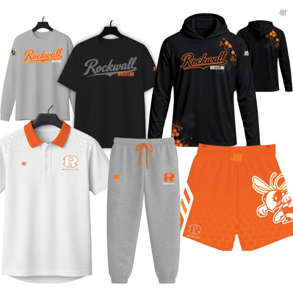 A digital rendering of the Rockwall Wrestling pack laid flat: long sleeve, tee, hoodie, polo, sweats and shorts