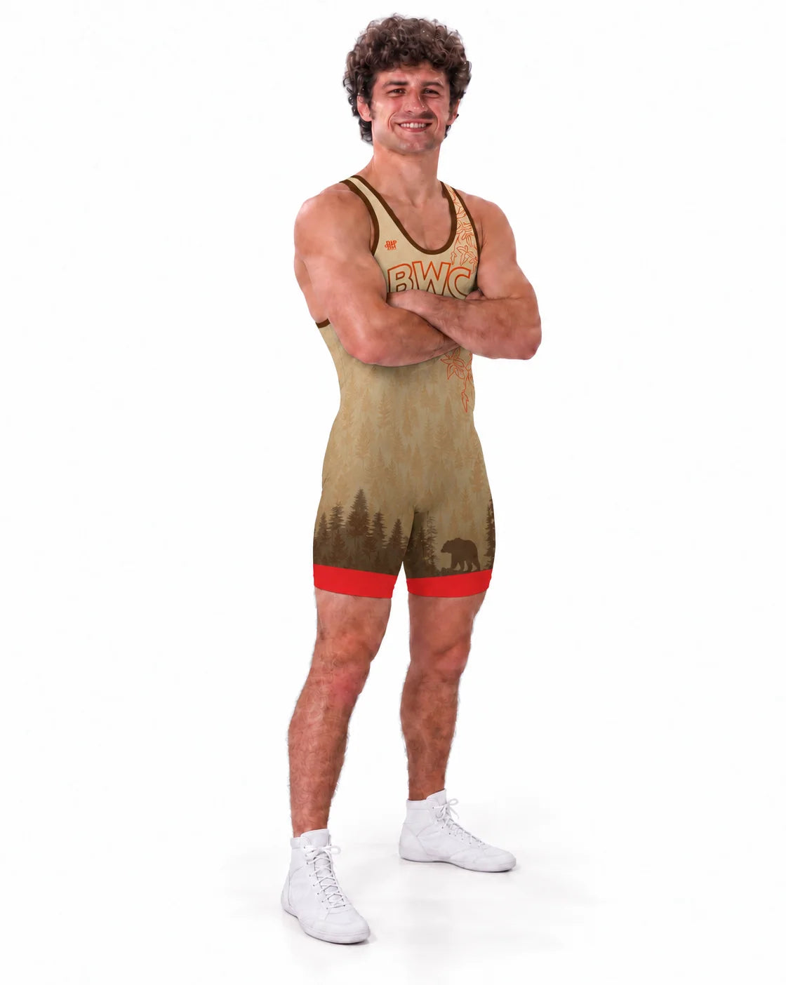 Athlete in a tan, red and brown woodland-pattern BWC singlet