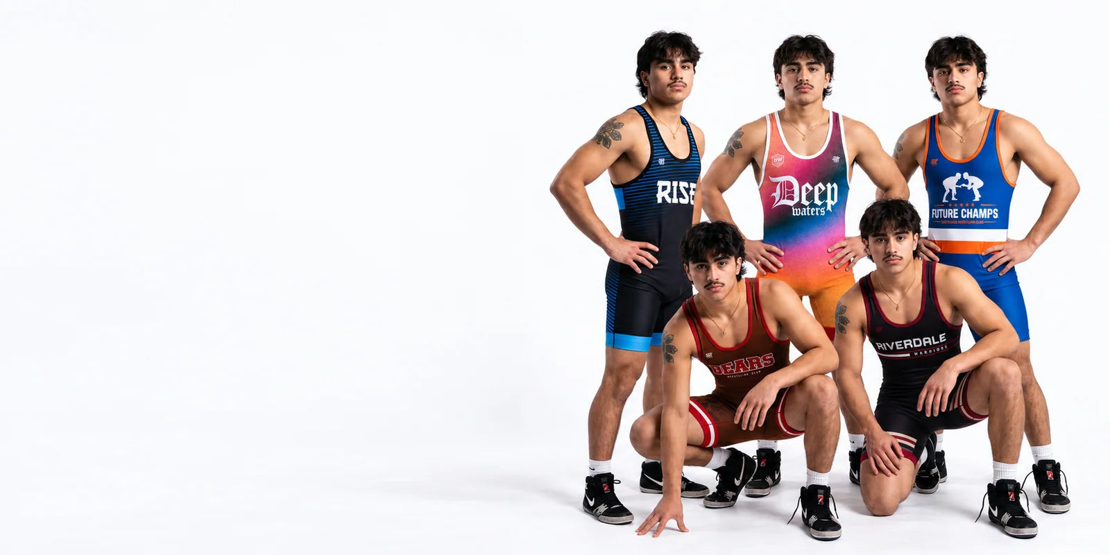 Five athletes modeling colorful custom wrestling singlets against white