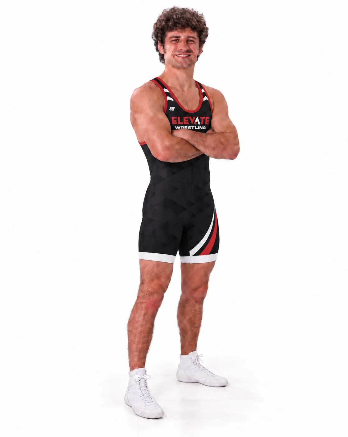 Athlete in a black and red Elevate wrestling singlet