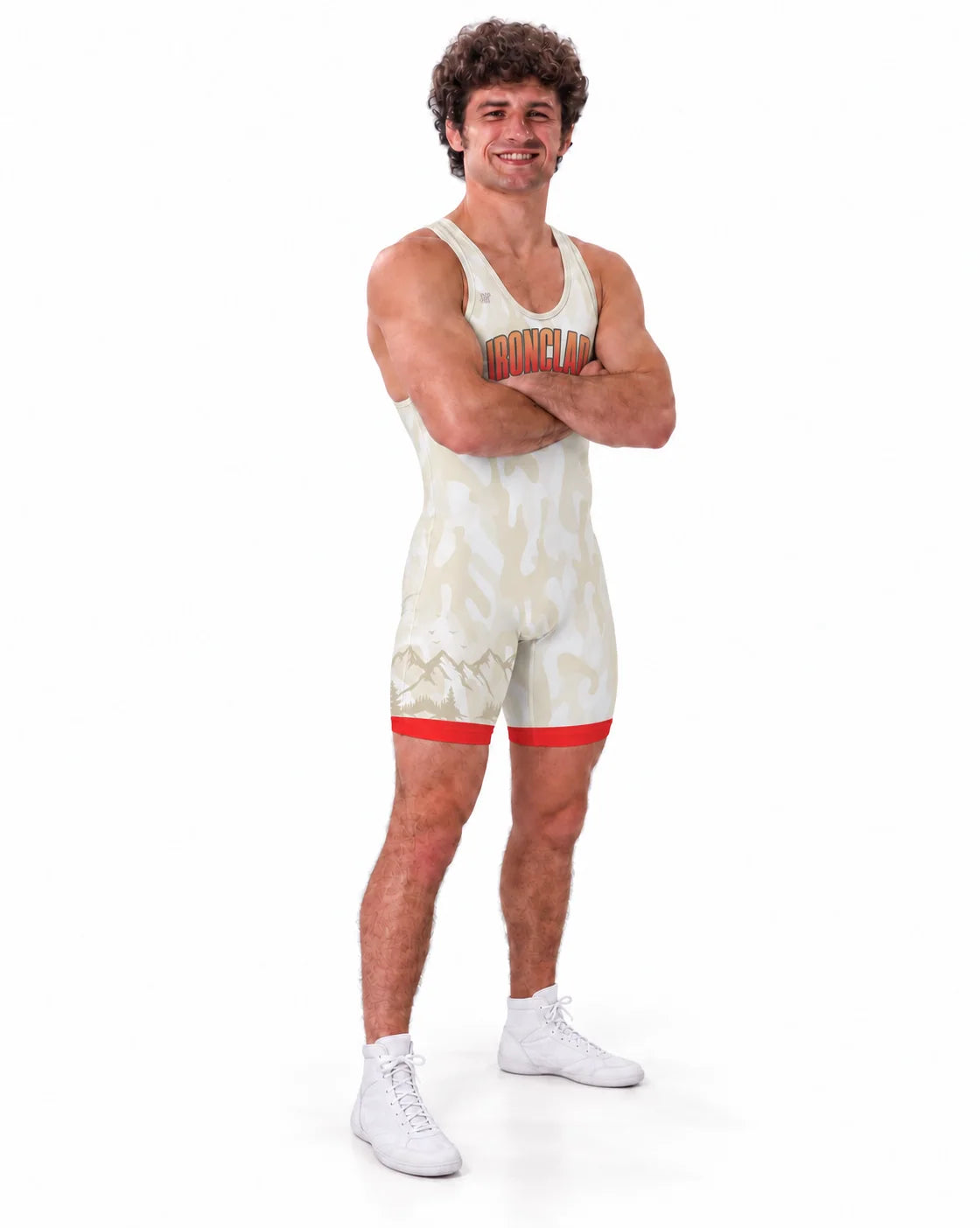 Athlete in a cream and red Ironclad wrestling singlet