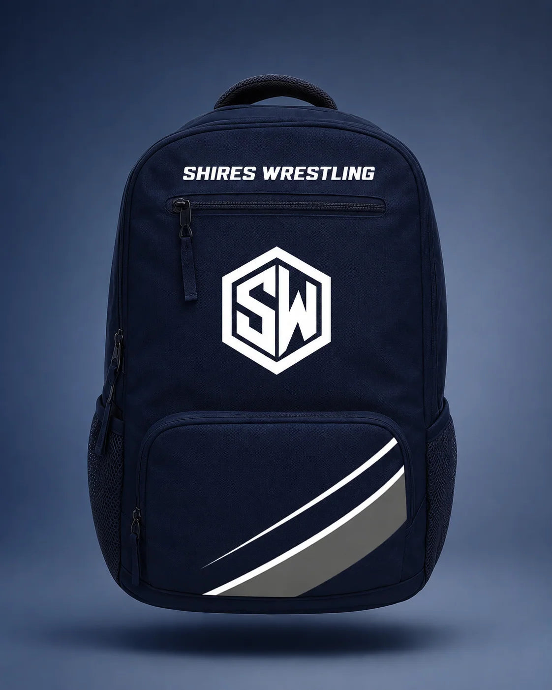 Navy Shires Wrestling backpack with white team decoration